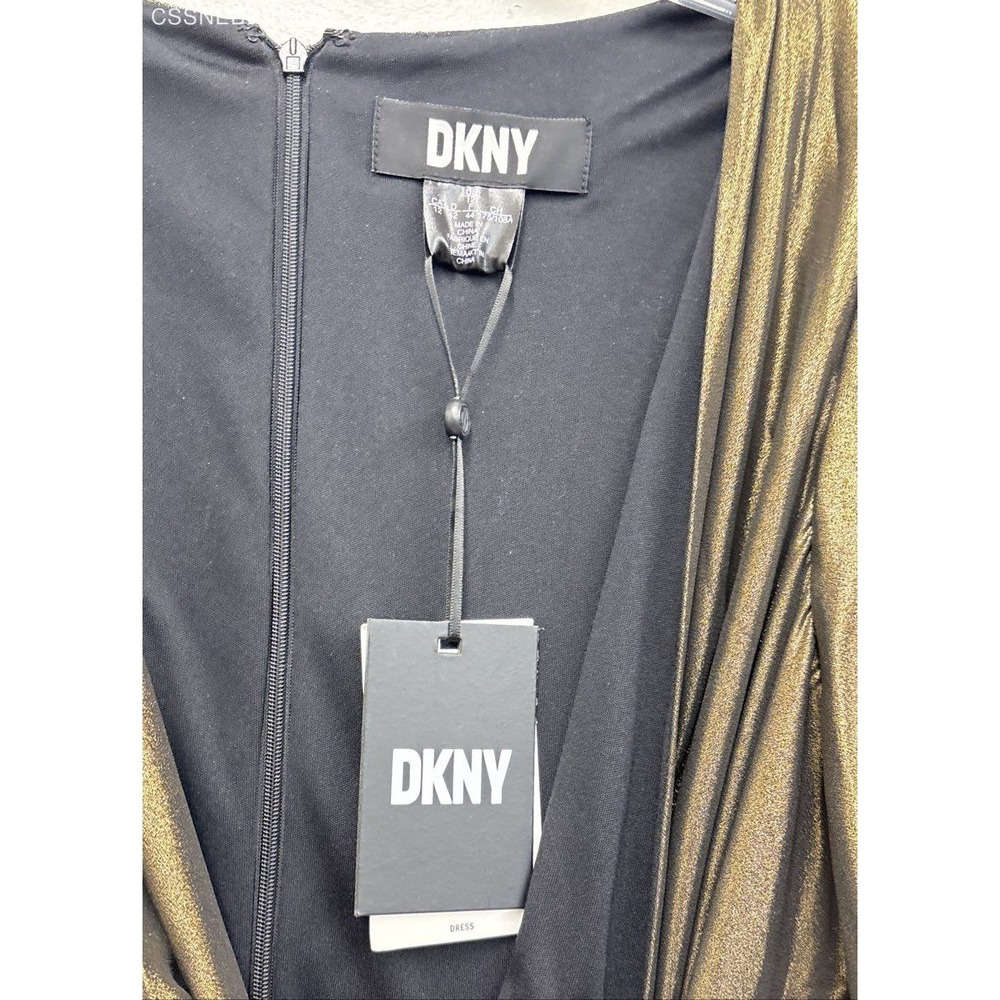 DKNY Gold/Brown NWT DKNY Women's Foil Chiffon Ruffle Skirt V-Neck Dress -Size 12 - Picture 6 of 9